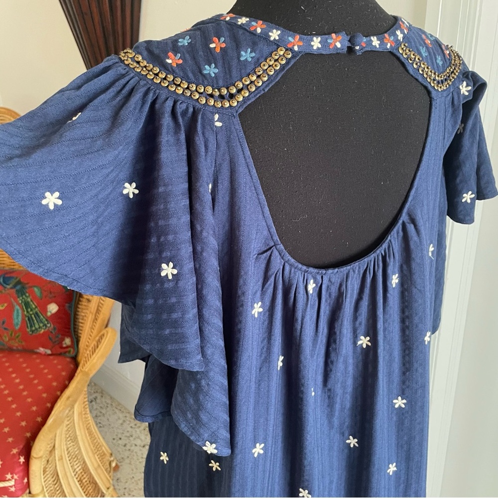 ANTHROPOLOGIE Blue Embroidered Dress with Flutter Sleeves. Lined. Pockets. Sm - Picture 7 of 13